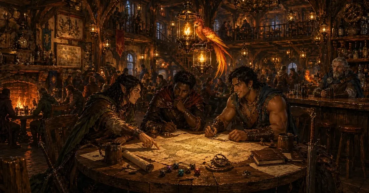 Graphic for the CIP-015 Compliance on a Budget blog shows a scene inside a warm, bustling fantasy tavern lit by lanterns and fireplaces, where a group of adventurers gathers around a large wooden table covered with maps, notes, dice, and planning tools. One character points at the map while the others study routes and discuss strategy, symbolizing collaborative planning and phased execution. A glowing phoenix perched above the group illuminates the room with EmberOT’s signature orange glow. The tavern is filled with additional travelers, wooden beams, banners, clocks, and intricate fantasy décor, creating the feeling of a central planning hub before a major quest.