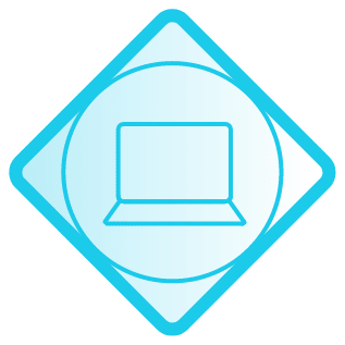 bright blue colored icon of a laptop inside of a circle, inside of a diamond shape