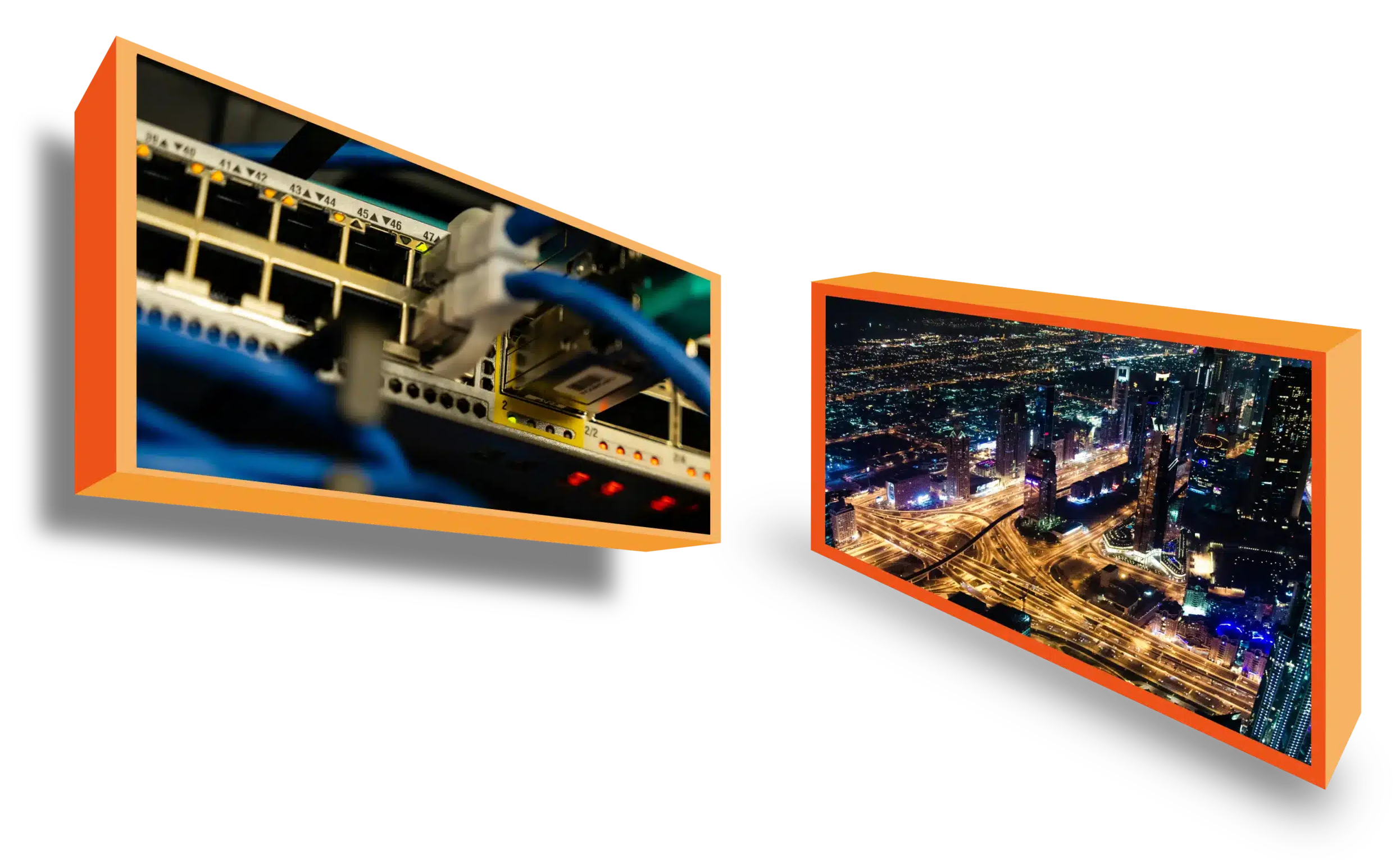 Two floating boxes showing a city and a switch.