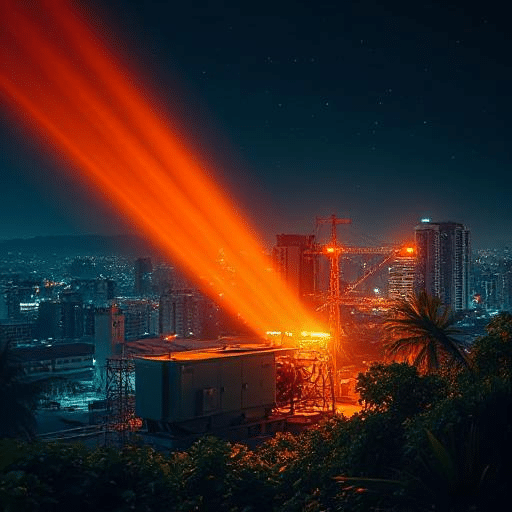Beam of light shining down on a power station in front of a city skyline.