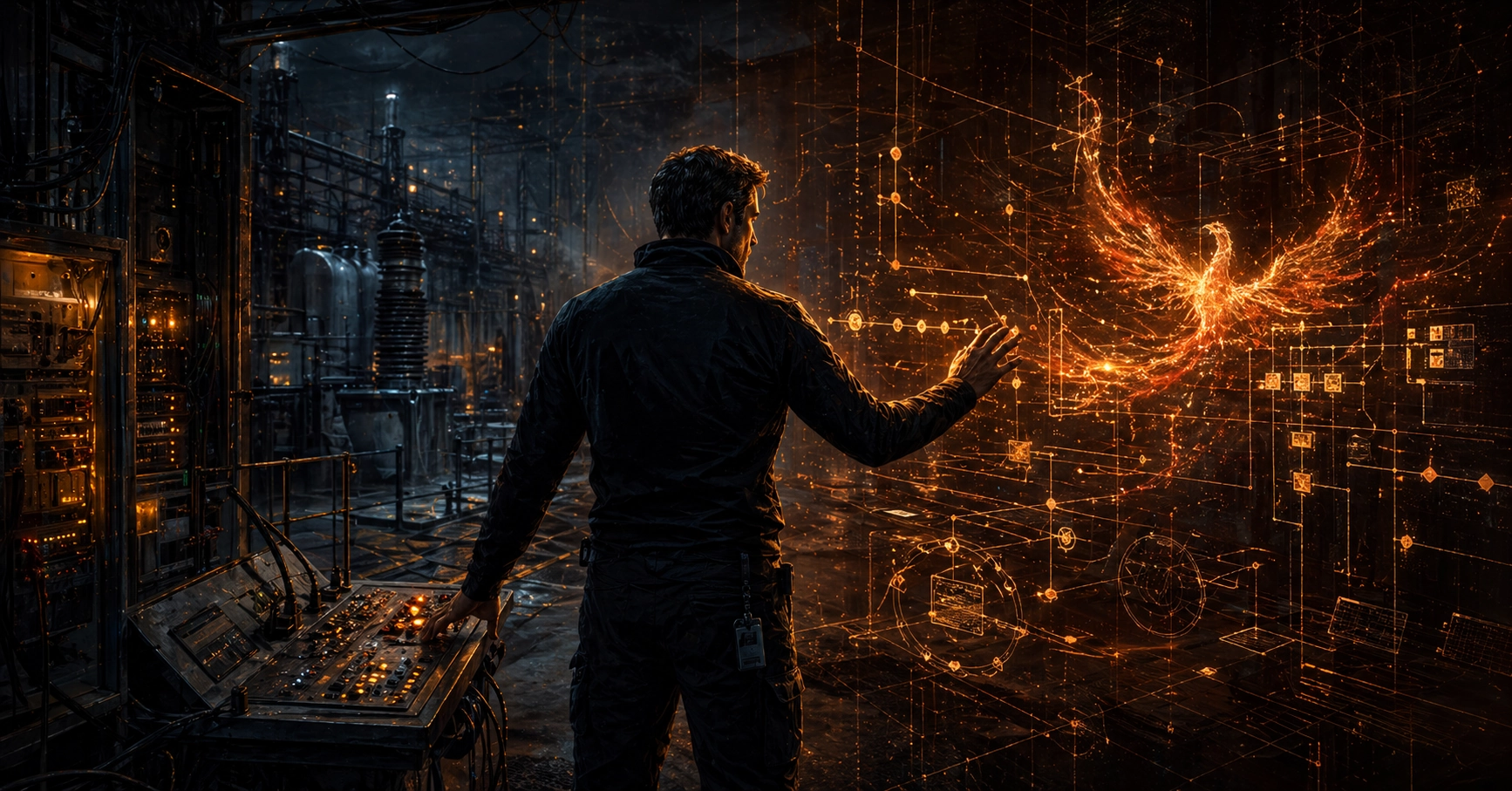 A futuristic industrial environment where an OT analyst / technician stands inside a dark OT facility surrounded by electrical equipment, control systems, and glowing instrumentation. In front of the operator is a large holographic-style network visualization composed of orange data lines, diagrams, and connected nodes forming the shape of a phoenix. The technician reaches toward the glowing display as if interacting with a live OT monitoring or analytics system.